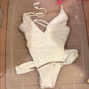 Beach Bunny White One Piece with Gold Chain